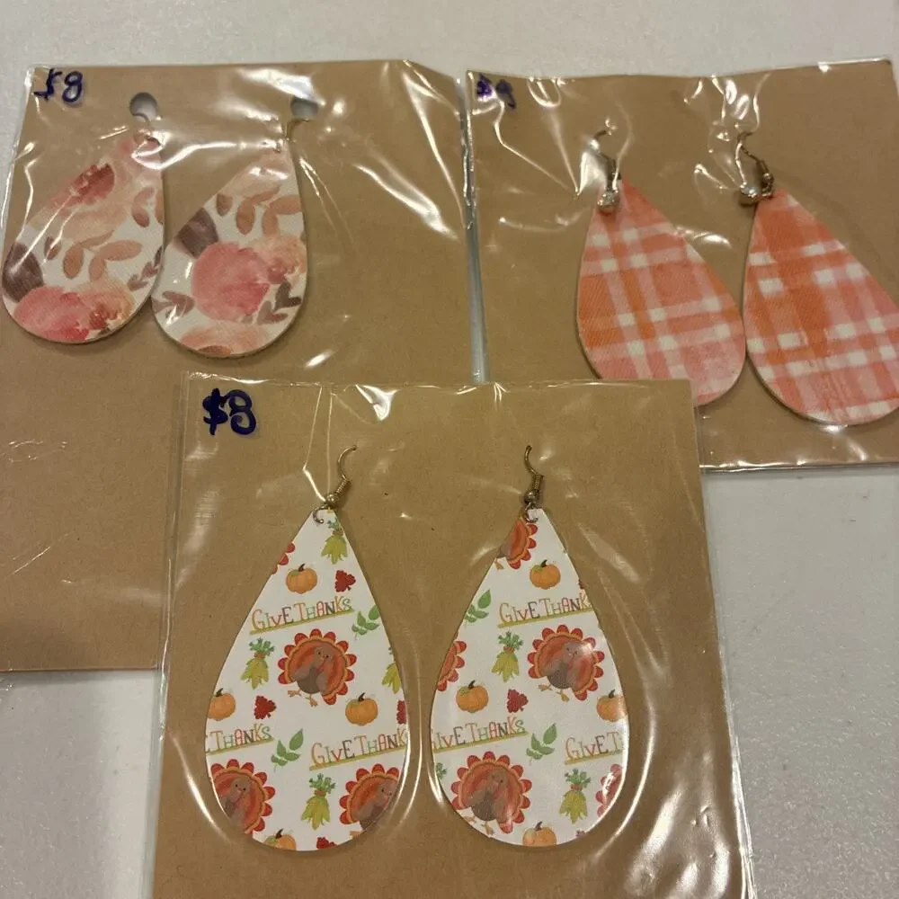 3 PCs Dangle Earrings Artisan Hand Made Winter Holiday Tree Deer Bears Glitter